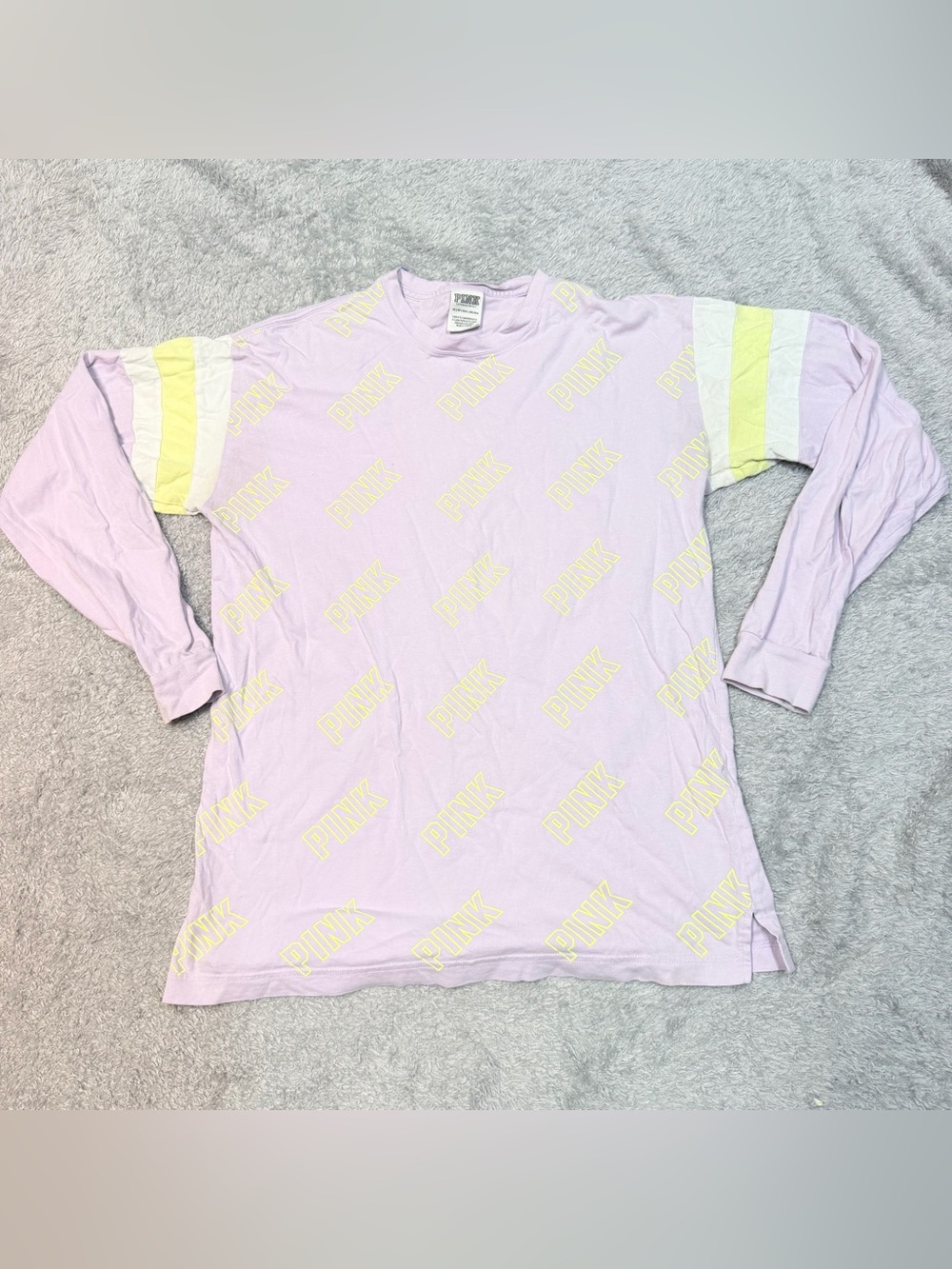 PINK Victoria's Secret Lavender Long-Sleeve Tee with Yellow Logo and Stripes